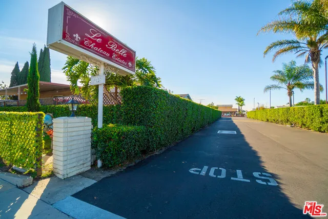a view of a street with potted plants