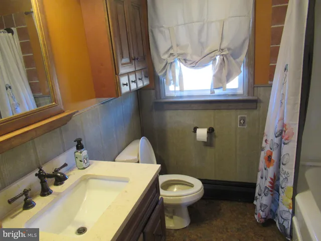 a bathroom with a sink a toilet and a mirror
