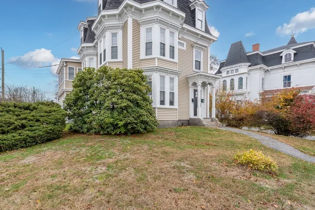 a view of a big house with a yard and plants