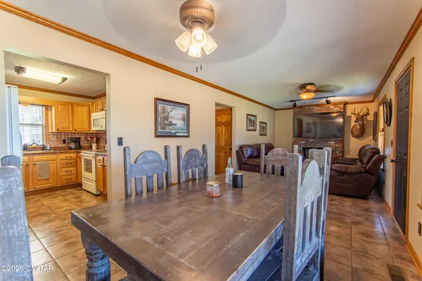 a view of a dining room with furniture