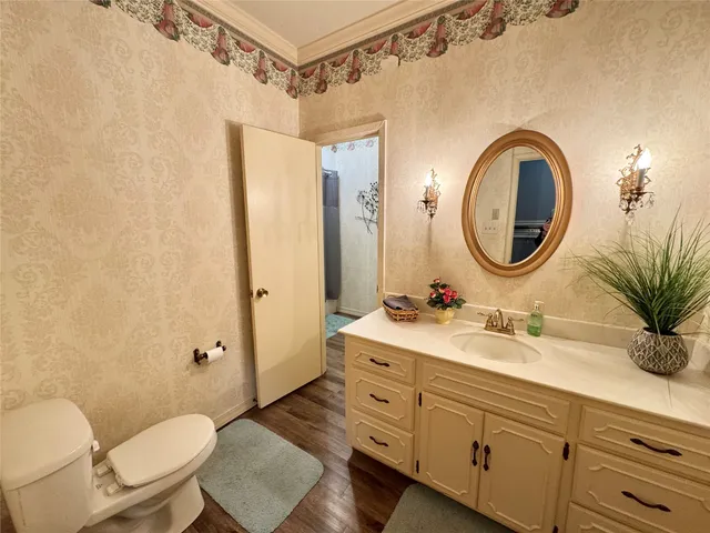 a bathroom with a granite countertop sink mirror vanity and a toilet
