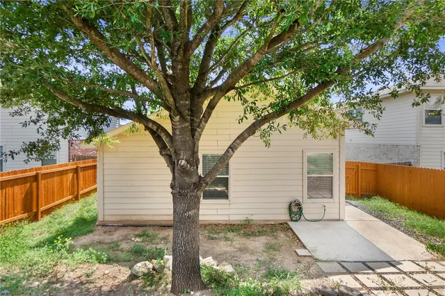 a view of a backyard with a tree