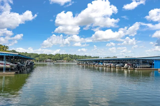 a view of a lake with houses in the back