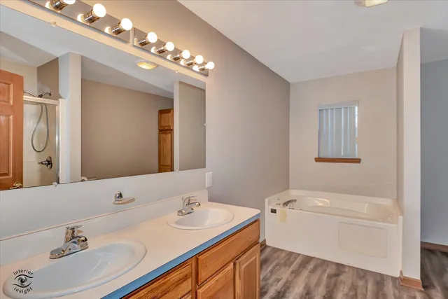 a bathroom with a tub sink double vanity and mirror