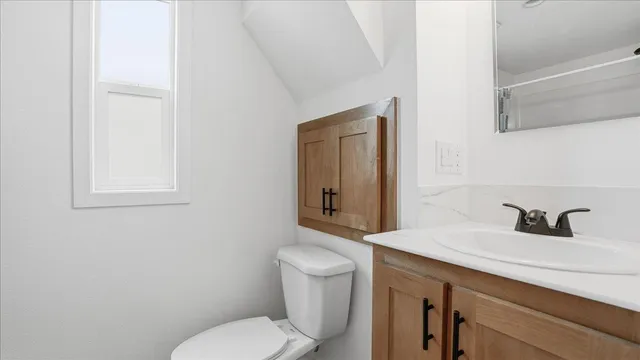 a bathroom with a toilet a sink and mirror