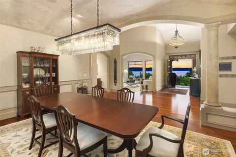 a view of a dining room with furniture