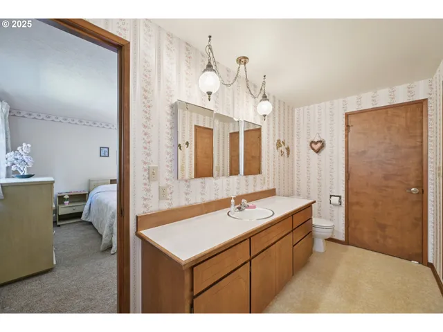a bathroom with a sink mirror and a shower