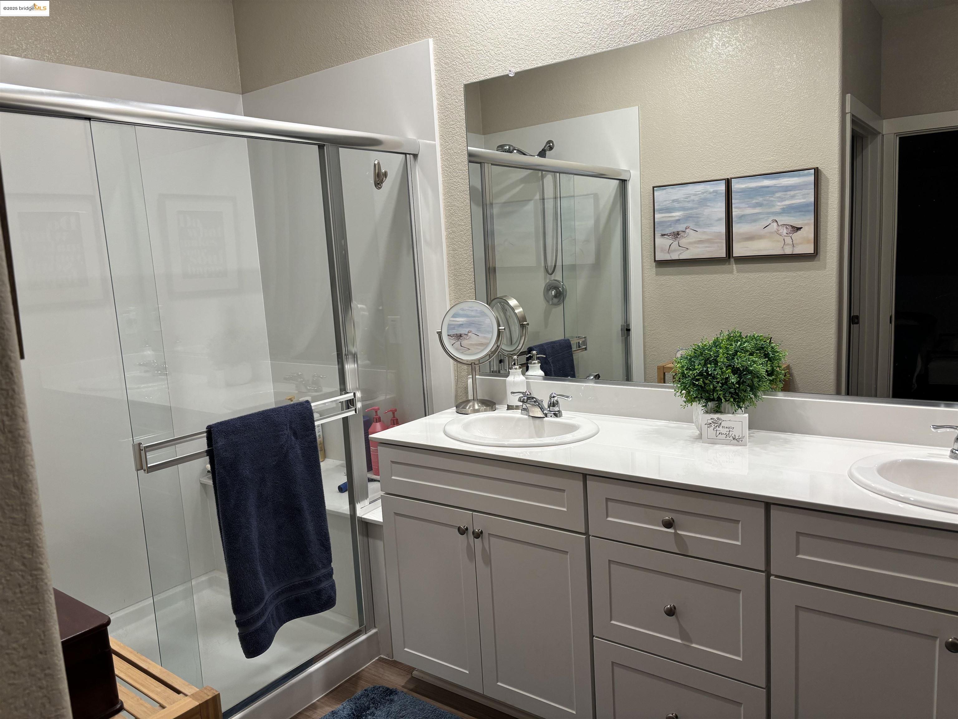 2107 Lavender Place Rio Vista, CA 94571 - Photo 27 of 45 a bathroom with a granite countertop sink a mirror a vanity and shower