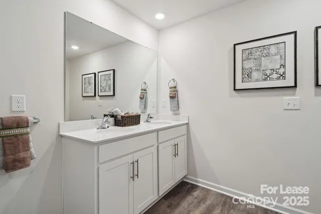 a bathroom with a sink mirror and vanity