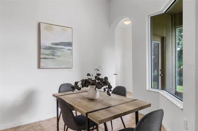 a view of a dining room with furniture window and outside view