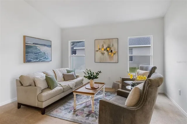 a living room with furniture flowerpot and a chandelier