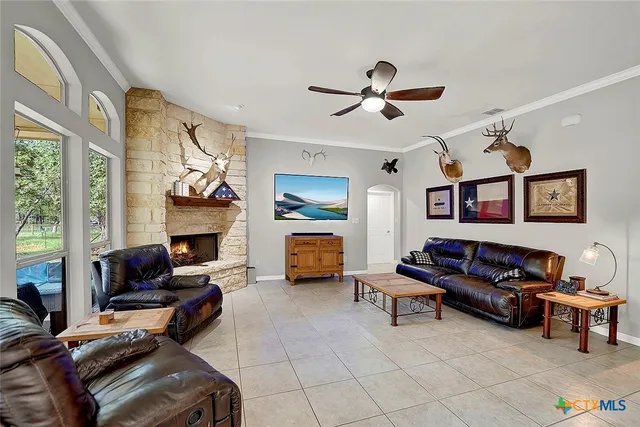 a living room with furniture and a fireplace
