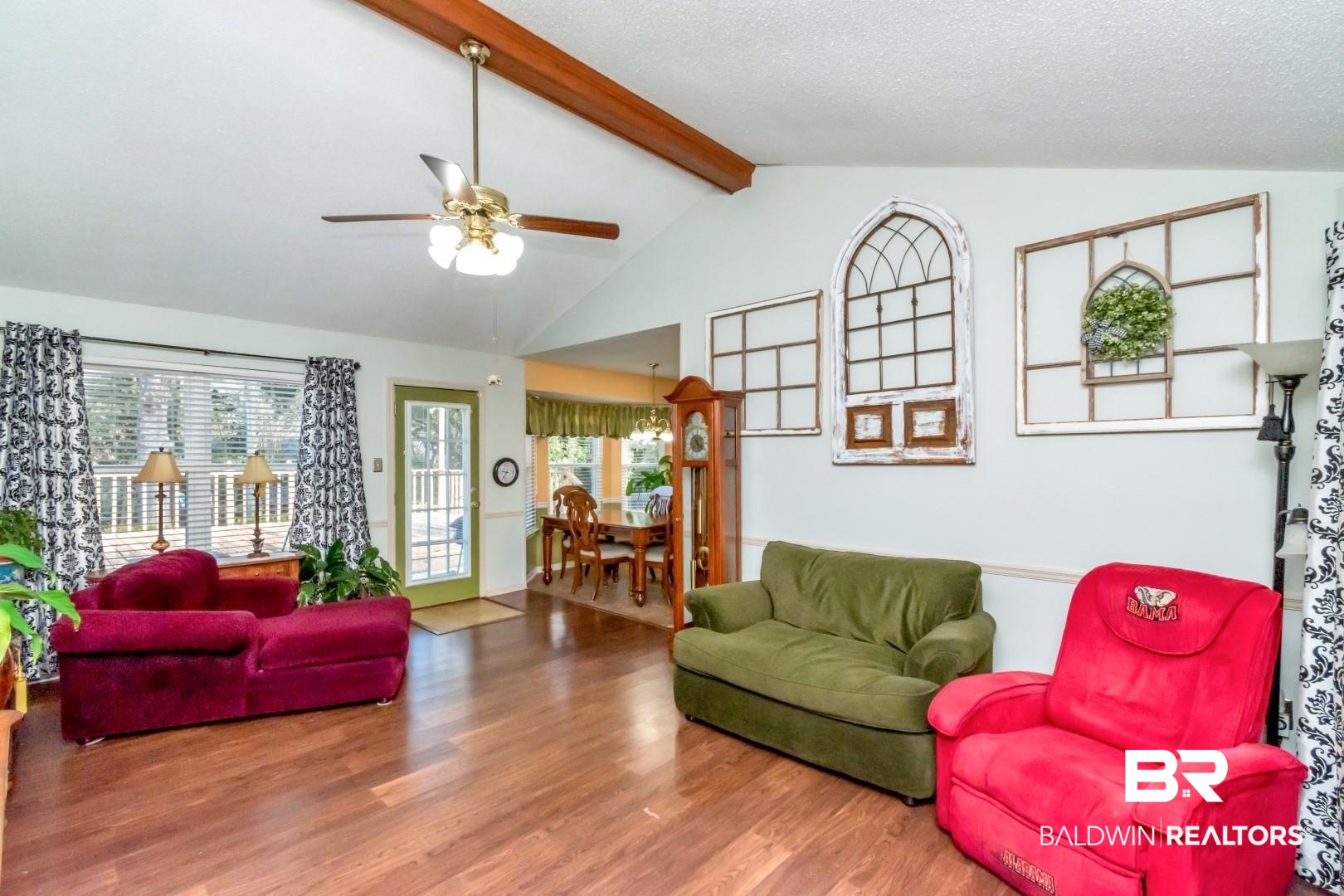 9360 Burnt Tree Drive Mobile, AL 36695 - Photo 2 of 28 Living room with hardwood / wood-style floors, plenty of natural light, and vaulted ceiling with beams