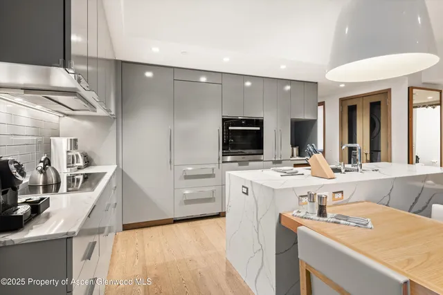 a kitchen with a refrigerator and a sink