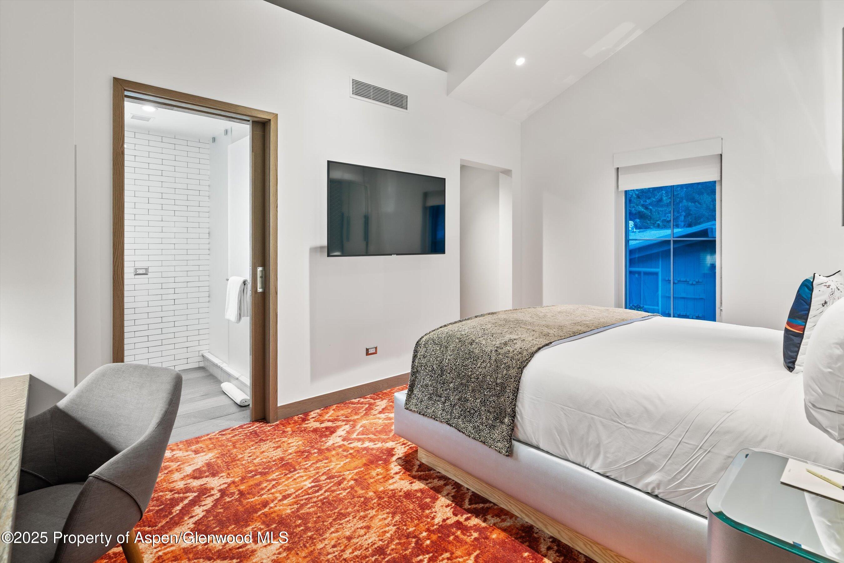 550 South Spring Street, Unit F10 110 Aspen, CO 81611 - Photo 31 of 58 a bedroom with a bed and a flat screen tv