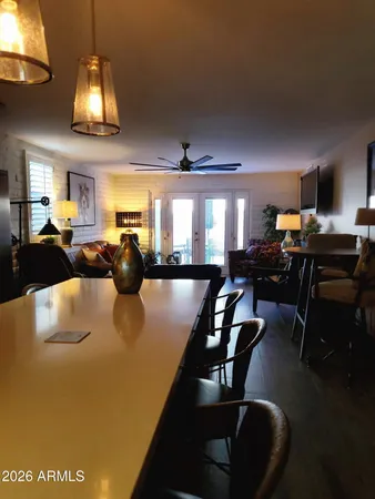 a view of a dining room with furniture