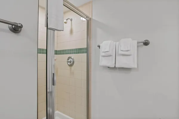 a bathroom with a shower and mirror