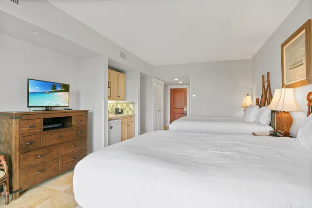 a bed room with a bed and a television