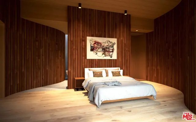 a bedroom with a bed and a closet