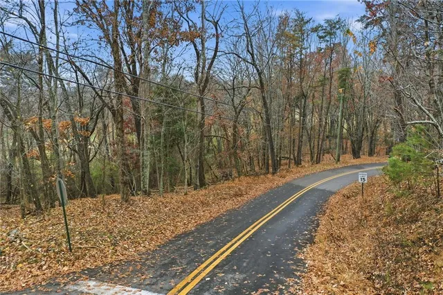 a view of a backyard with large trees