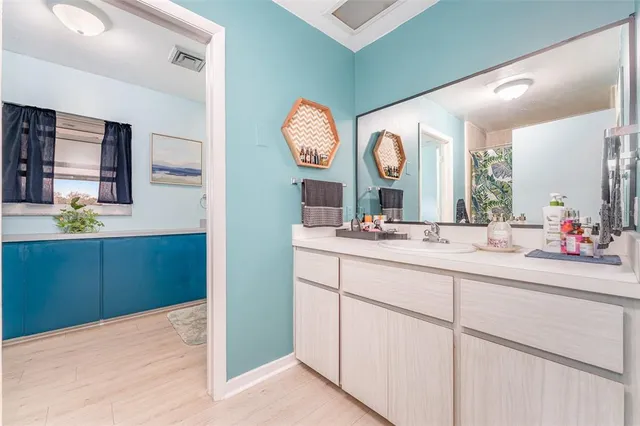 a bathroom with a sink and a large mirror