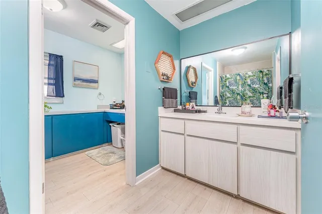a bathroom with a sink mirror and vanity