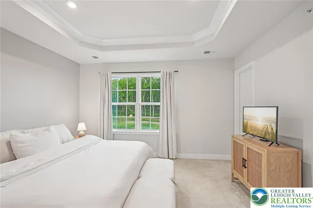 a bedroom with a bed and a television