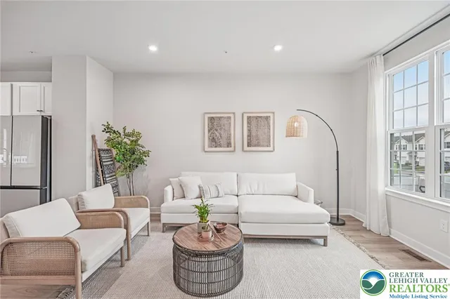 a living room with furniture and a potted plant