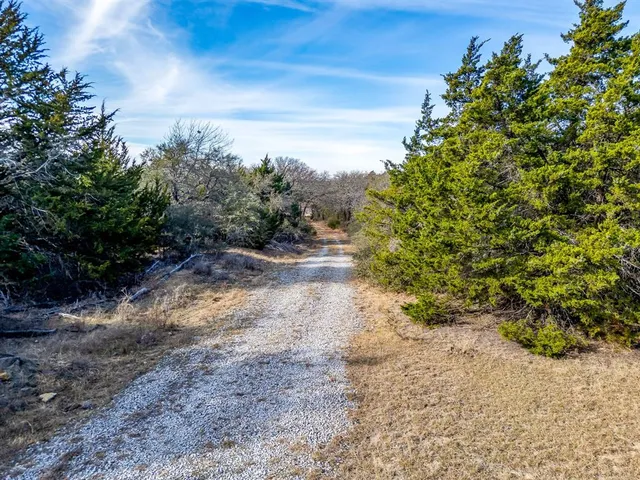 a view of dirt field with trees in the background