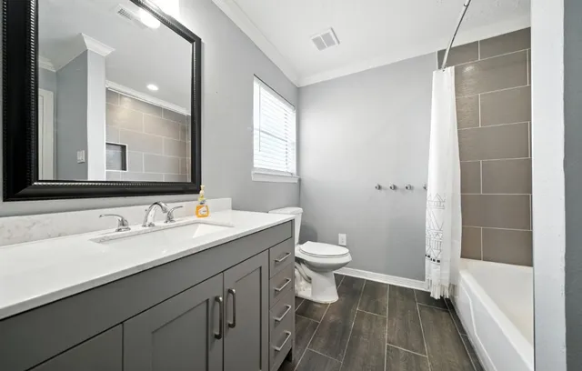 a bathroom with a sink a toilet a mirror and shower