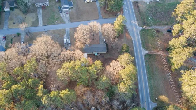 an aerial view of a backyard
