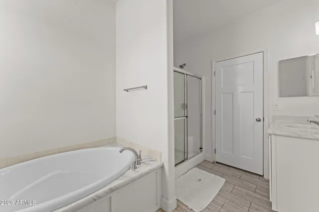 a bathroom with a bathtub and a shower