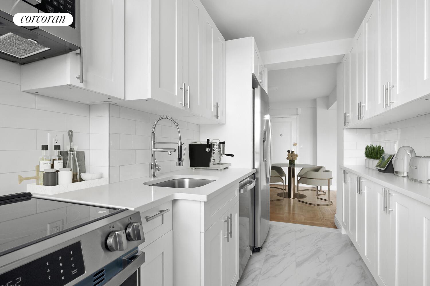 100 Riverside Drive, Unit 7B Manhattan, NY 10024 - Photo 6 of 11 a kitchen with a sink stove and cabinets