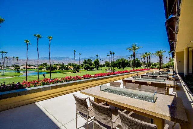 a view of a swimming pool with outdoor seating and plants