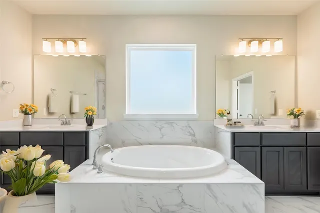a bathroom with a bathtub a sink and a mirror