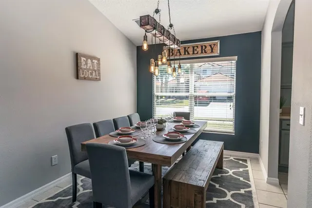a view of a dining room with furniture