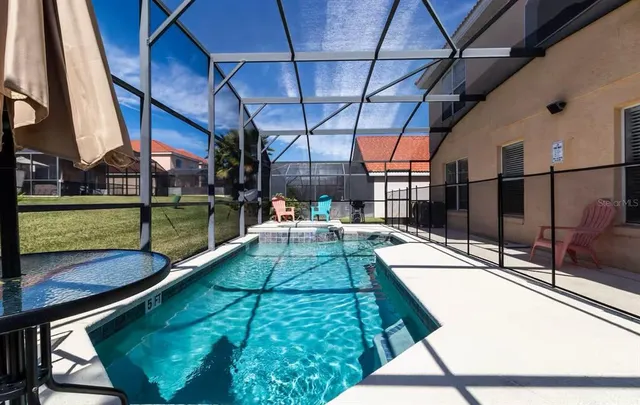 an outdoor space with seating