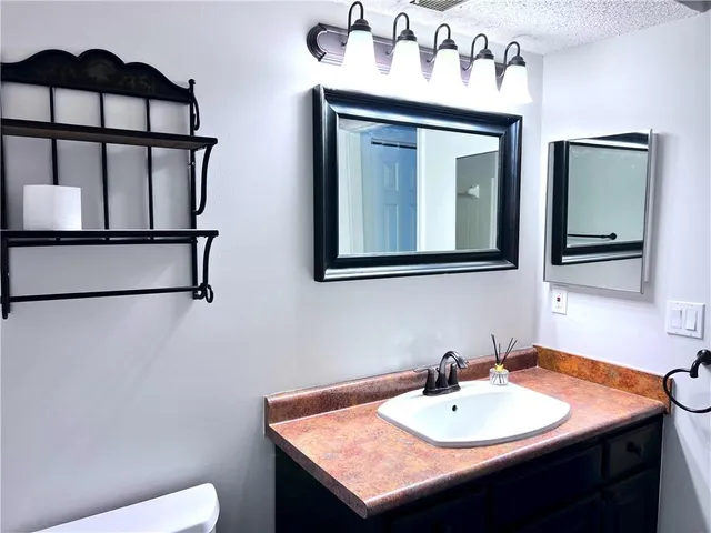 a bathroom with a sink vanity and a mirror