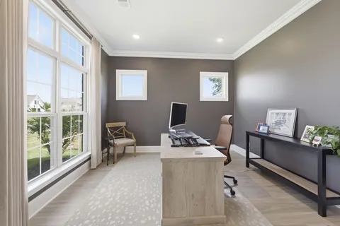 a living room with furniture a fireplace and a floor to ceiling window