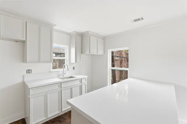 a kitchen with a sink a window and cabinets