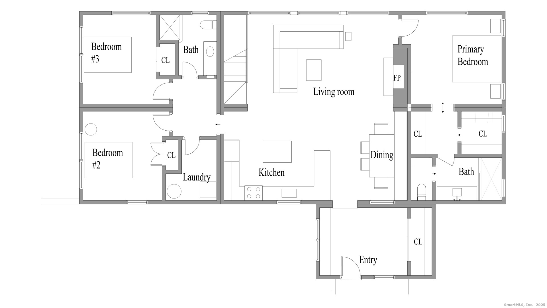 31 B June Road Washington, CT 06777 - Photo 18 of 20 Main level floor plan with open kitchen, dining, living room, and three bedrooms.