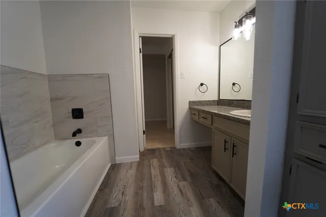 a bathroom with a sink a mirror and a bathtub