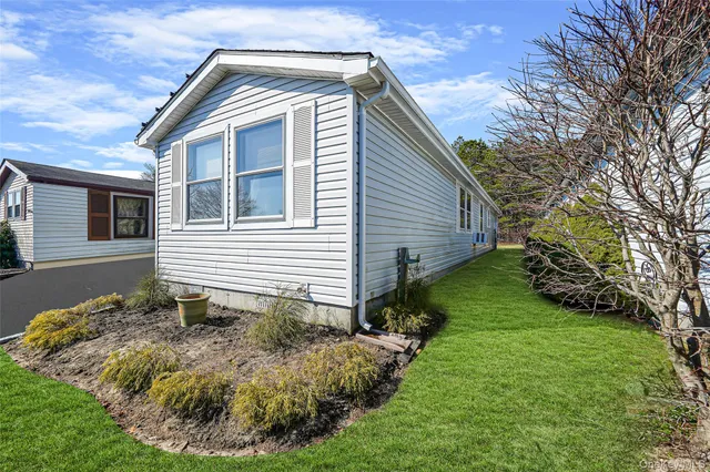 a backyard of a house with plants and large tree