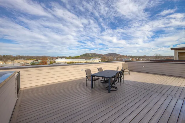 an outdoor view with a seating space