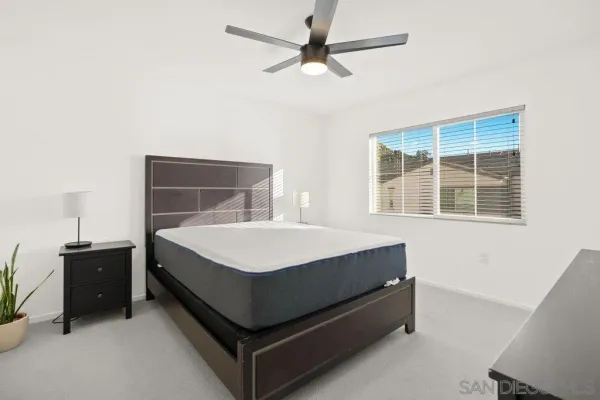 a bedroom with a bed and a window