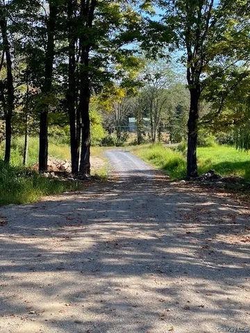 a view of a field with trees in the background