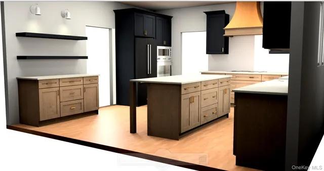 a kitchen with a refrigerator and a stove