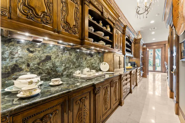 a kitchen with blue countertop lots of counter top space