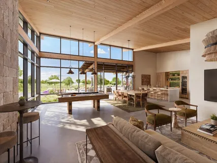 a outdoor space with lots of tables and chairs