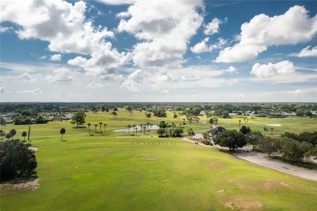 an aerial view of a swimming pool with lawn chairs and plants